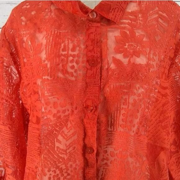 ELCC Women's Coral Orange See Through Button Down Quarter‎ Sleeve Blouse Size 3X - Picture 3 of 7